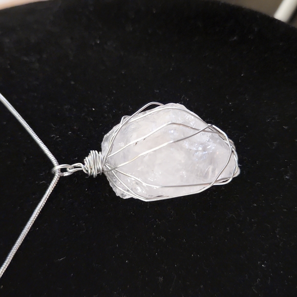 Wire Wrapped Raw Rose Quartz Crystal Silver Necklace - Picture 2 of 4